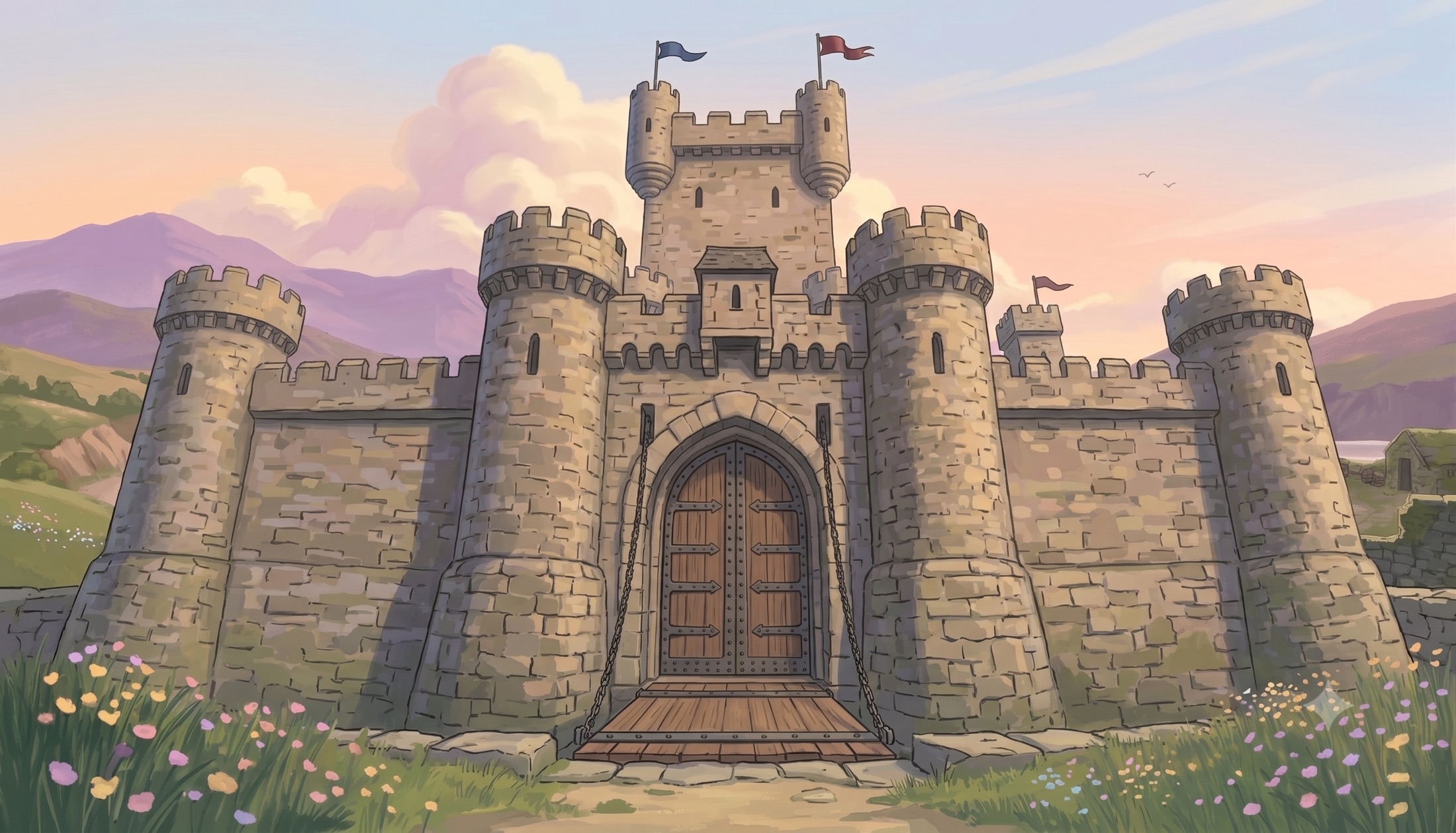 An illustrated stone fortress at dawn: curtain walls, round towers, flags, and a closed gate above a wooden bridge.